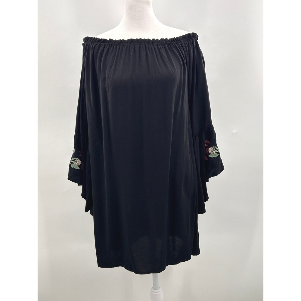 Blue Rain Off Shoulder Embroidered Bell Sleeve Tunic Mini Dress Boho Festival‎